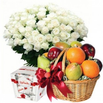 101 white rose 60 cm, fruits and Raffaello