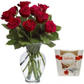 Red roses 50 cm and Rafaello (select the number of flowers)